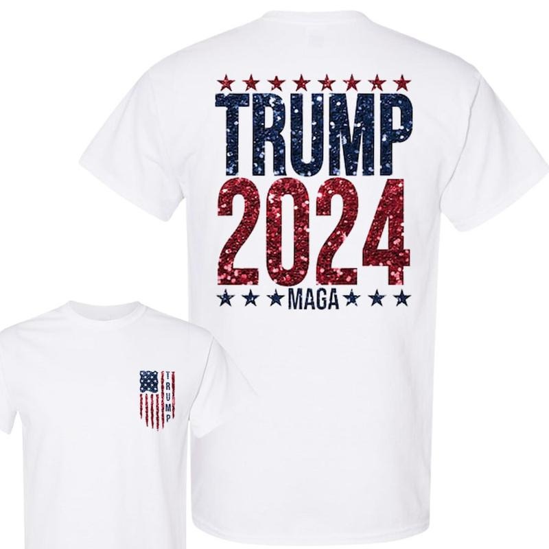 Glitter Trump USA Flag Shirt, Glitter Trump 2024 MAGA Shirt, President Trump Shirt, Girly Trump Shirt, Election 2024 Shirt,  Election 2024 Tshirt For Trump Supporters, Unisex Cotton 2 Sides Shirt, Full Colors, Full Sizes Menswear Top