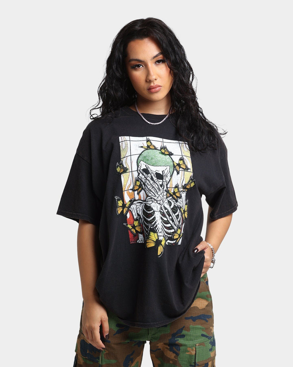 Goat Crew Green Skeleton Vintage T-Shirt Washed Black Style001