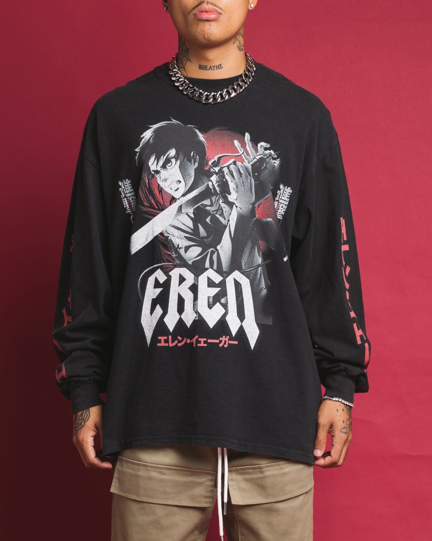 Goat Crew X Attack On Titan Eren Long Sleeve Vintage T-Shirt Black Wash