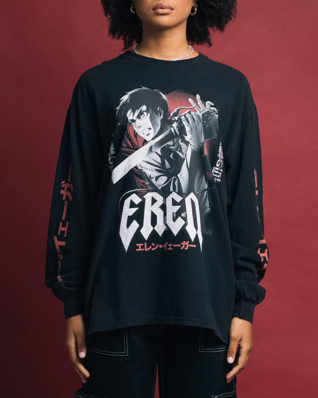 Goat Crew X Attack On Titan Eren Long Sleeve Vintage T-Shirt Black Wash Style001