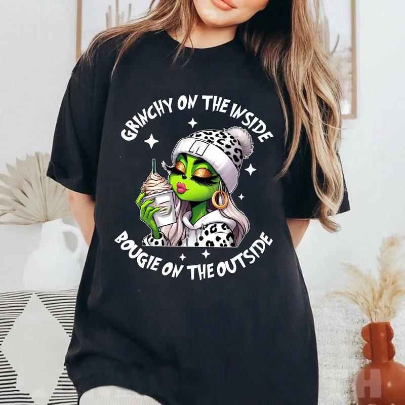 Grinchyy On The Inside Bougiee On The Outside Shirt, Christmas T-Shirt Sweatshirt Hoodie, Coffee Lover Shirt, Unisex Cotton Graphic Clothing