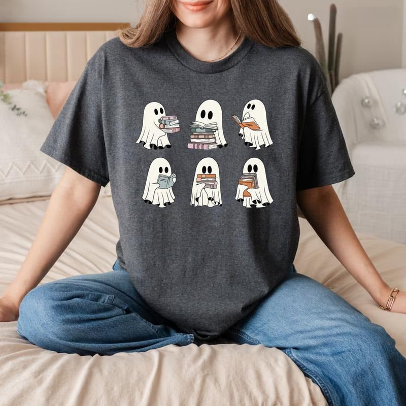 Halloween Book TShirt, Book Ghosts SweatShirt, Ghost Reading Book Halloween Shirt Cotton Top Womenswear Check Colorful Fits Graphic Matching