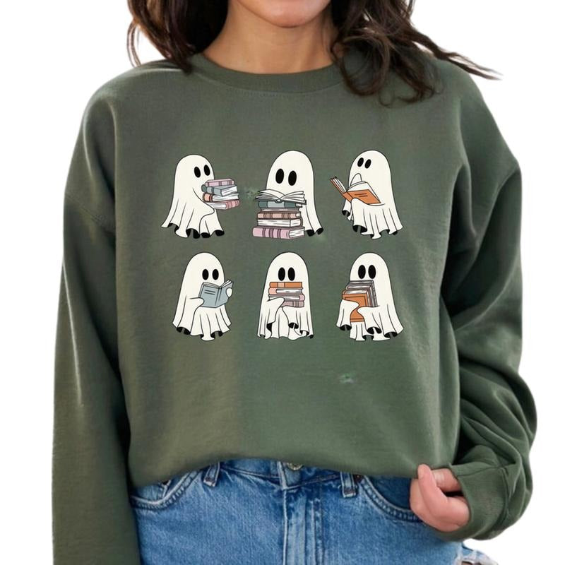 Halloween Book TShirt, Book Ghosts SweatShirt, Ghost Reading Book Halloween Shirt Cotton Top Womenswear Check Colorful Fits Graphic Matching