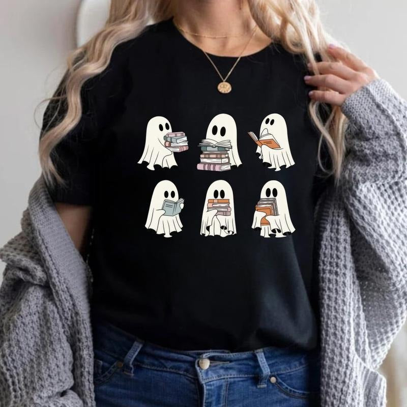 Halloween Book TShirt, Book Ghosts SweatShirt, Ghost Reading Book Halloween Shirt Cotton Top Womenswear Check Colorful Fits Graphic Matching