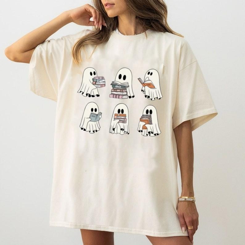 Halloween Book TShirt, Book Ghosts SweatShirt, Ghost Reading Book Halloween Shirt Cotton Top Womenswear Check Colorful Fits Graphic Matching