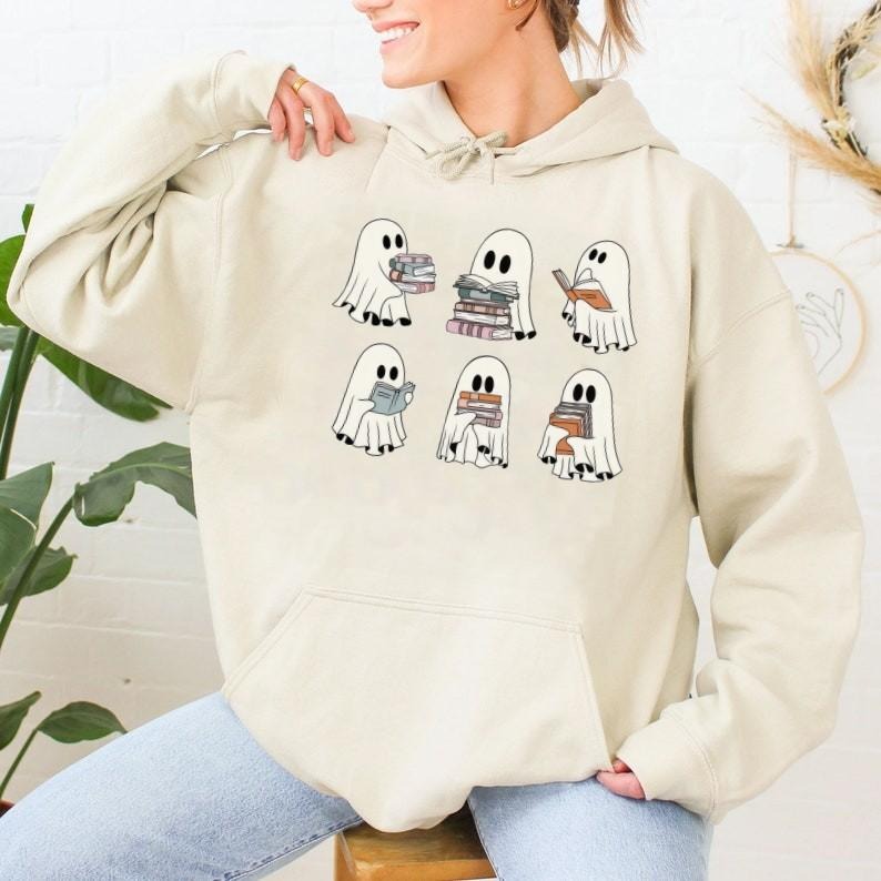 Halloween Book TShirt, Book Ghosts SweatShirt, Ghost Reading Book Halloween Shirt Cotton Top Womenswear Check Colorful Fits Graphic Matching