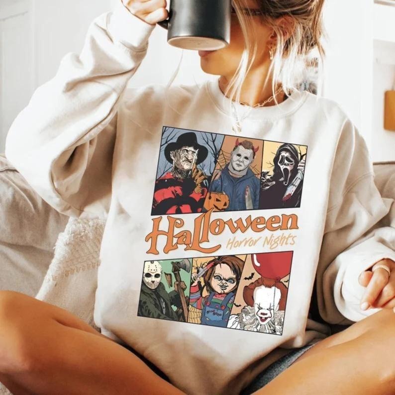 Halloween Horror Nights Sweatshirt, Vintage Halloween Movie Crewneck, Horror Shirt, Halloween Horror Movie Sweatshirts Trendy Halloween