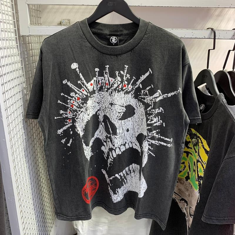 Hellstar Nailed Skull Y2K Aesthetic T Shirt, Harajuku Tee, Goth Punk T-Shirt, Alternative Clothing, Y2k Graphic Shirt, Unisex Shirt, Cotton Shirt, Vintage Shirt, Crewneck Shirt, Streetwear, Oversized T-Shirt