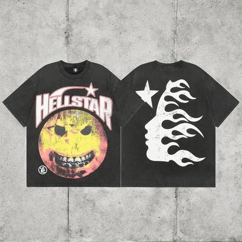 Hellstar Yellow Smiling Face Y2K Aesthetic T Shirt, Harajuku Tee, Goth Punk T-Shirt, Alternative Clothing, Y2k Graphic Shirt, Unisex Shirt, Cotton Shirt, Vintage Shirt, Crewneck Shirt, Streetwear, Oversized T-Shirt