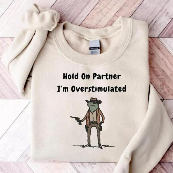 Hold On Partner Im Overstimulated Sweatshirt, Cowboy Frog Sweatshirt, Gen Z Shirt Funny Meme Sweatshirt, Cozy Unisex Apparel