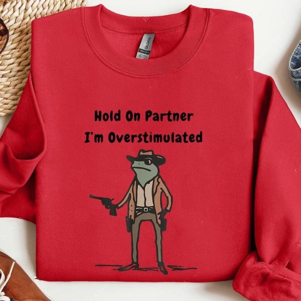 Hold On Partner Im Overstimulated Sweatshirt, Cowboy Frog Sweatshirt, Gen Z Shirt Funny Meme Sweatshirt, Cozy Unisex Apparel Casual Womenswear