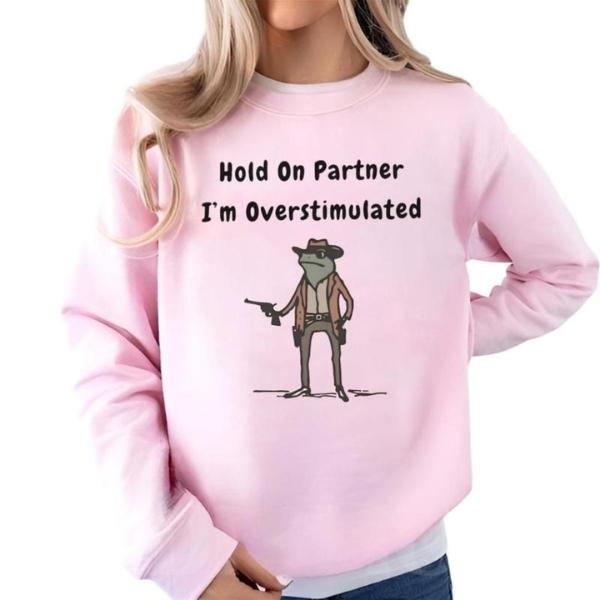 Hold On Partner Im Overstimulated Sweatshirt, Cowboy Frog Sweatshirt, Gen Z Shirt Funny Meme Sweatshirt, Cozy Unisex Apparel Casual Womenswear