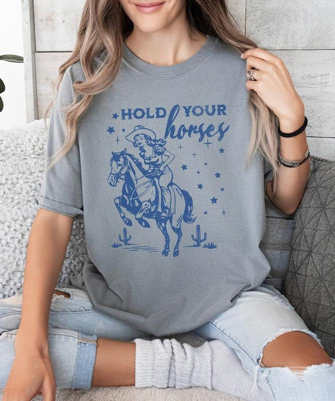Hold Your Horses Colors T-Shirt, Retro Western Aesthetic Tee, Vintage Inspired Trendy Unisex T-Shirt, Wild West Country Girls Tee