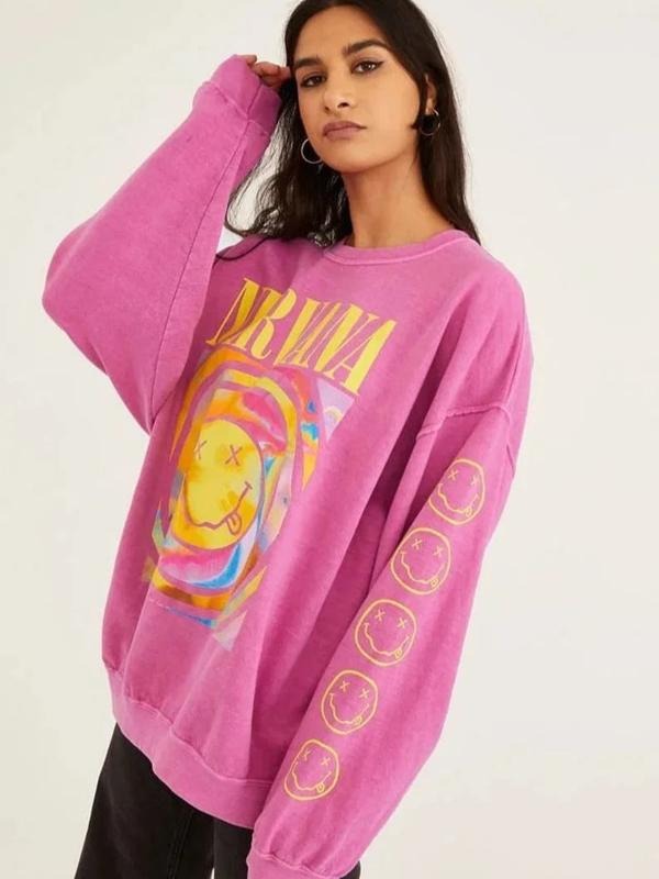 Hot Pink Nirvana Smile Face Sweatshirt, Happy Face Shirt, 90s T-shirt Vintage Aesthetic, Y2K Clothing, Y2K Fashion, Gift For Her, Nirvana Smile Shirt, Pink Nirvana Smile Face Crewneck Sweatshirt, Nirvana Sweatshirt