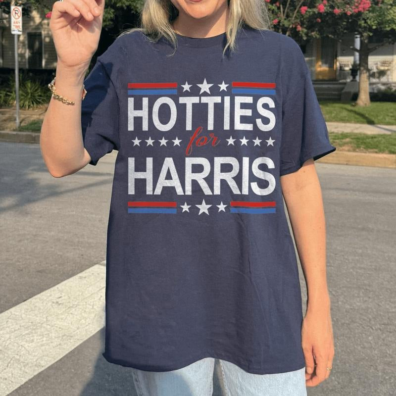 Hotties For Harris Ver.2 Unisex Cotton Shirt, Vote Kamala Harris, Rapper Hiphop Music Shirt Tour Fan Merch, Casual Top Elastic Everyday