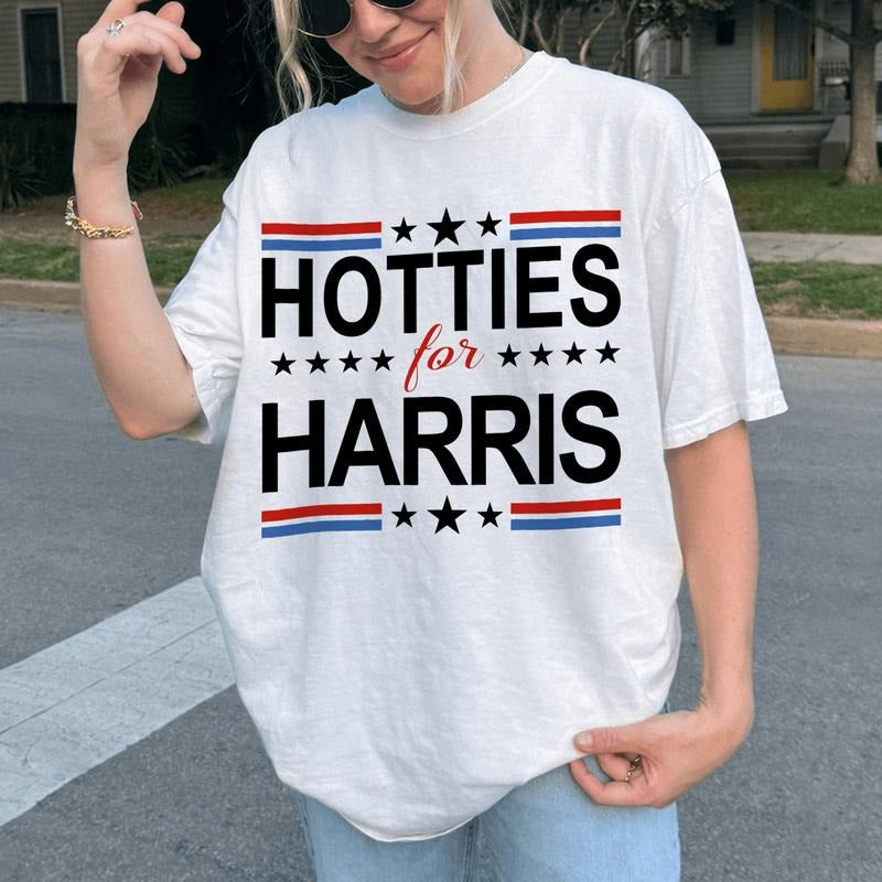 Hotties For Harris Ver.2 Unisex Cotton Shirt, Vote Kamala Harris, Rapper Hiphop Music Shirt Tour Fan Merch, Casual Top Elastic Everyday