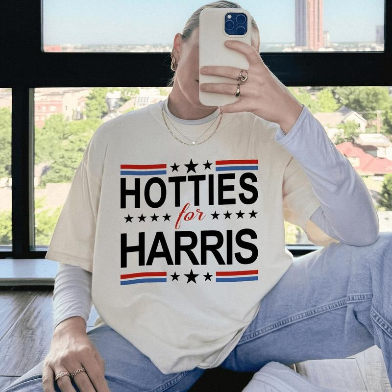 Hotties For Harris Ver.2 Unisex Cotton Shirt, Vote Kamala Harris, Rapper Hiphop Music Shirt Tour Fan Merch, Casual Top Elastic Everyday