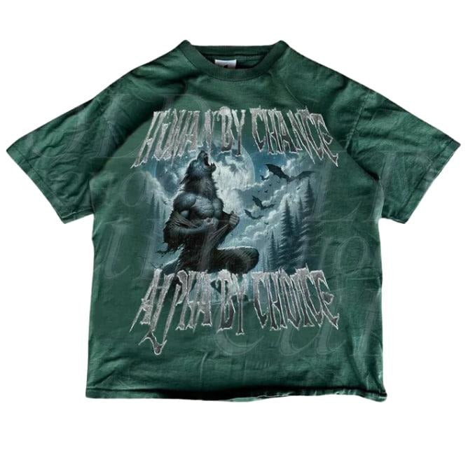 Human By Chance Alpha By Choice Wolf Shirt, Vintage 90s Style Werewolf Shirt, Wolf Emo Meme Shirts, Mental Health Shirt, Wolf Sigma, Menswear Top