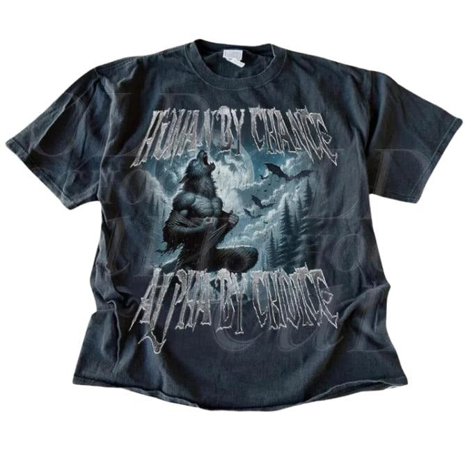 Human By Chance Alpha By Choice Wolf Shirt, Vintage 90s Style Werewolf Shirt, Wolf Emo Meme Shirts, Mental Health Shirt, Wolf Sigma, Menswear Top