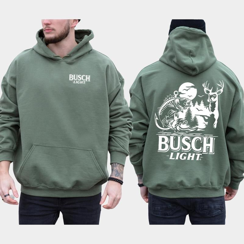 Hunting Fishing Busch Light 2-Sided Hoodie, Men's Busch Light Outdoors Graphic Printed Hoodies, Deer Hunter Tops, Duck Hunt Sweatshirt For Men, Classi