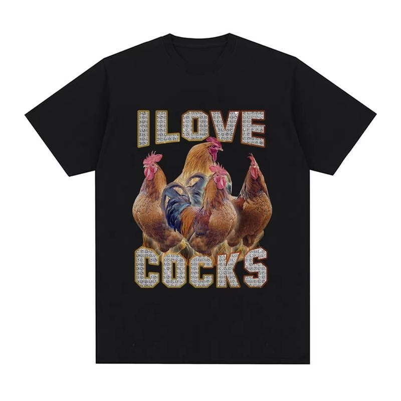 I Love Cocks Funny Roosters Meme T Shirt Chicken Lovers Short Sleeve T-shirt Men Women 100% Cotton Oversized T Shirts Streetwear, vintage Menswear Top