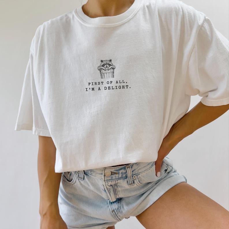 I'm A Delight Cute Raccoon Unisex Tshirt, Funny Sarcastic Minimal Women's Tshirt, Funny Gift for Mom and Bestfriend Cotton Womenswear Top Streetwear