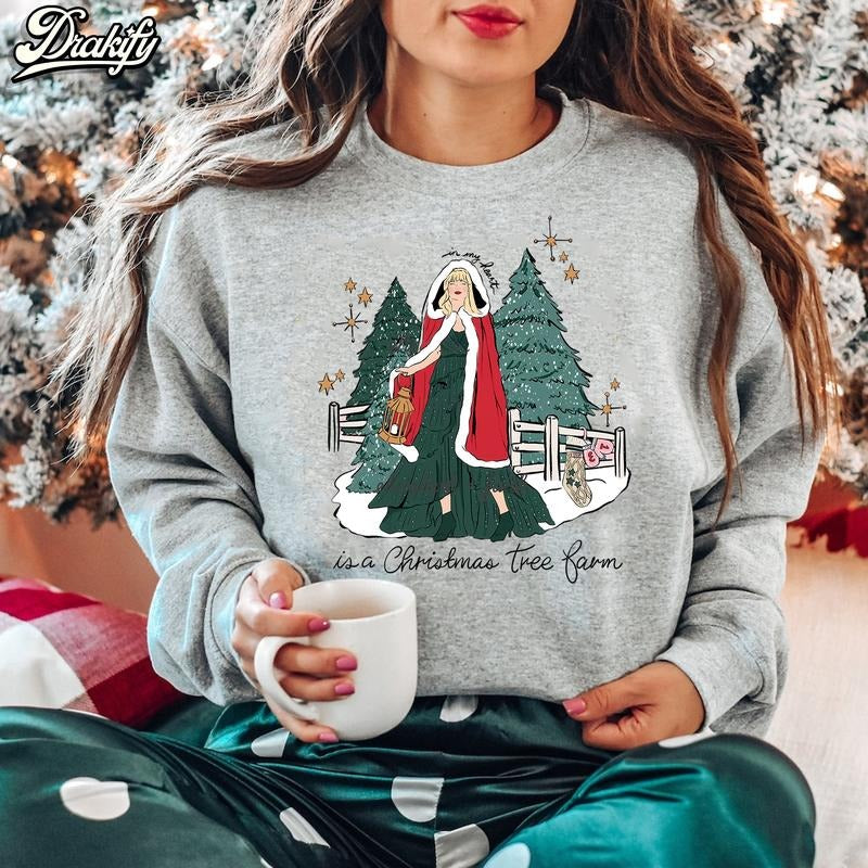 In  my heart is a Christmas tree farm, Xmas Holiday TShirtCrewneckHoodie for fan Breathable Fabric Womenswear