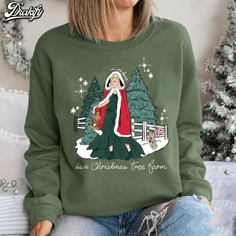 In  my heart is a Christmas tree farm, Xmas Holiday TShirtCrewneckHoodie for fan Breathable Fabric Womenswear