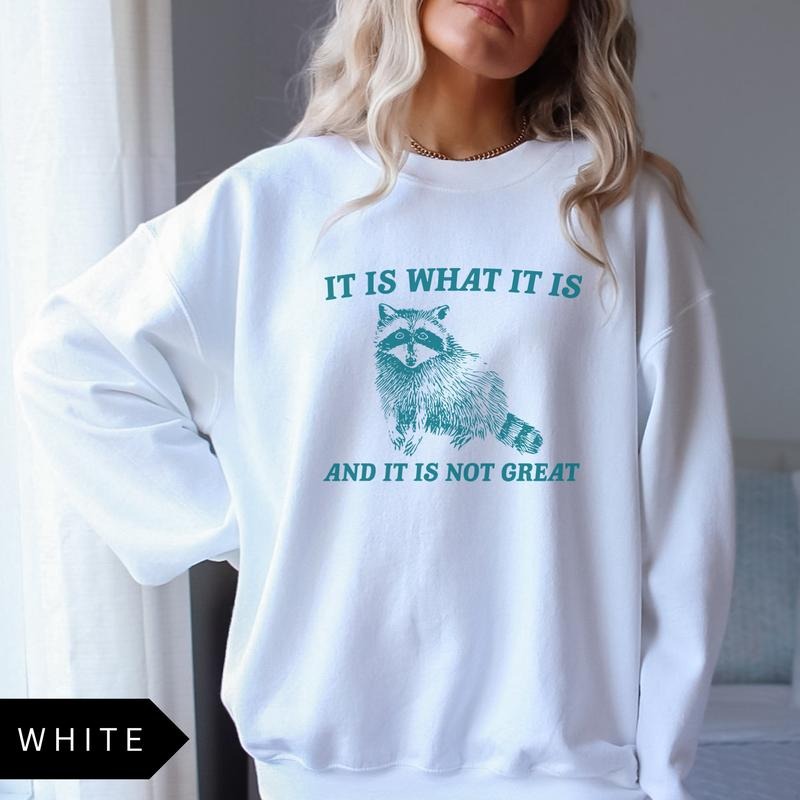 It Is What It Is And It Is Not Great Sweatshirt - Vintage Raccoon Design, Cotton Blend, Long Sleeve, Casual Style, Funny and Thoughtful Message
