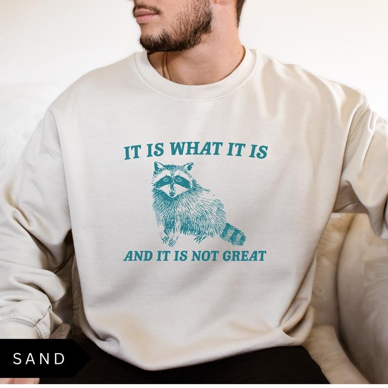 It Is What It Is And It Is Not Great Sweatshirt - Vintage Raccoon Design, Cotton Blend, Long Sleeve, Casual Style, Funny and Thoughtful Message