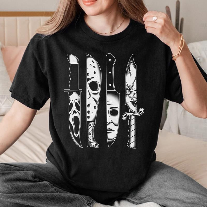 Knives Horrowww Movie Friday 13 Halloween Horrowww Goth  T-Shirt Jason Voorhees Michael Myers Freddy Krueger Shirt