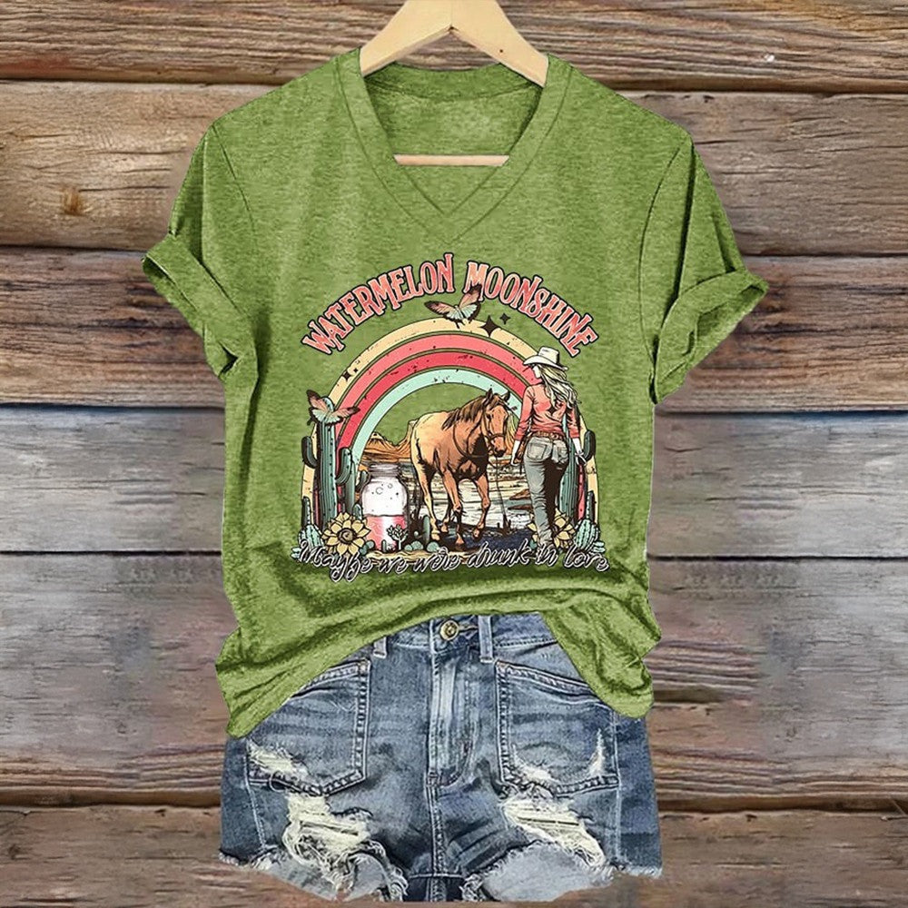 Lainey Wilson Merch Watermelon Moonshine V-neck T-Shirt Western Country Music Fan Retro Gift for Him