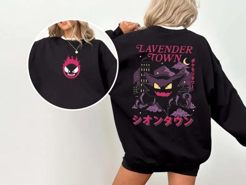 Lavender Town Legends 90s Sweatshirt, Anime Phantom, Manga Haunter, Ghostly Gengar, Eerie Kanto Region, Japanese Game Icon Sweatshirt, Unisex Long Sle