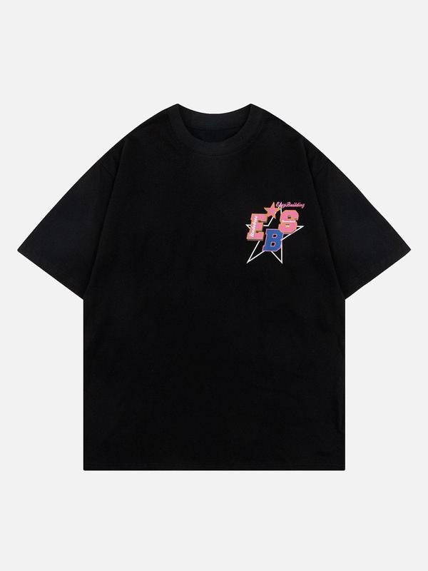 Letter Star Print Y2K Aesthetic T Shirt, Harajuku Tee, Goth Punk T-Shirt, Alternative Clothing, Y2k Graphic Shirt, Unisex Shirt, Cotton Shirt, Vintage Shirt, Crewneck Shirt, Streetwear, Oversized T-Shirt