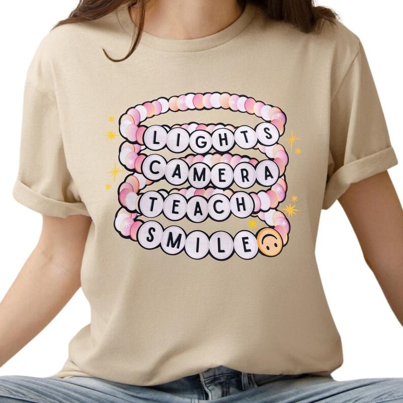 Light Camera Teach Smile Graphic T-Shirt, Lights Teach Shirt Cotton Top