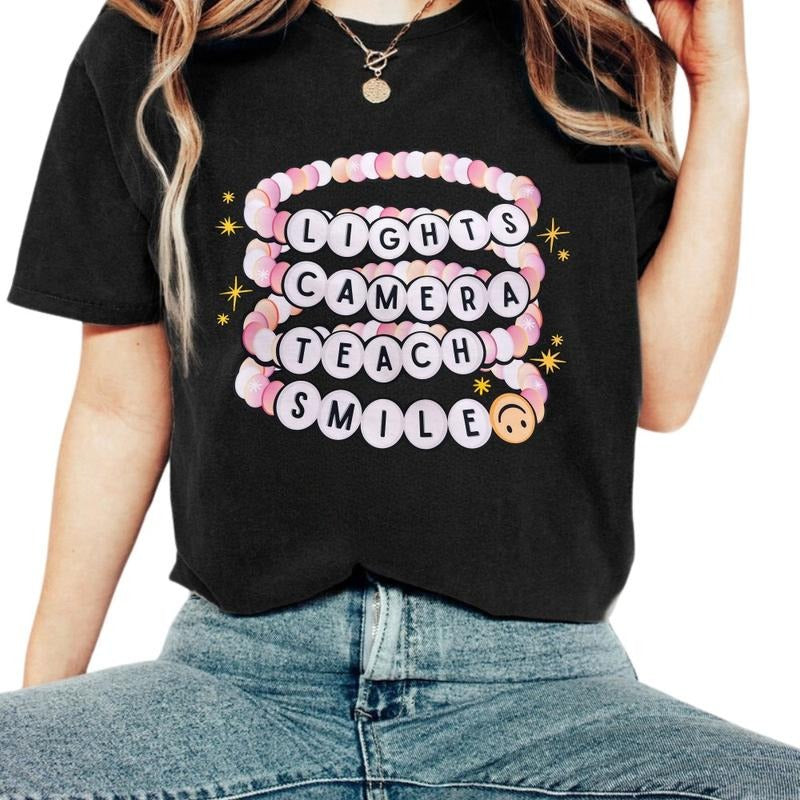 Light Camera Teach Smile Graphic T-Shirt, Lights Teach Shirt Cotton Top