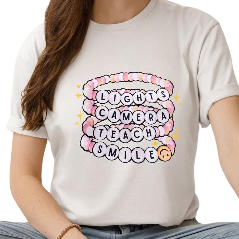 Light Camera Teach Smile Graphic T-Shirt, Lights Teach Shirt Cotton Top