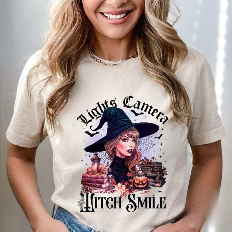 Light Camera Witch Smile Halloween Graphic T-Shirt, Sweatshirt Hoodie Cotton Fabric