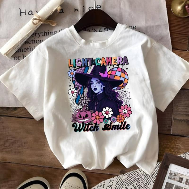 Light Camera Witch Smile Halloween Graphic T-Shirt, Sweatshirt Hoodie Cotton Fabric
