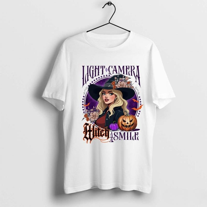 Light Camera Witch Smile Halloween Graphic T-Shirt, Sweatshirt Hoodie Cotton Fabric