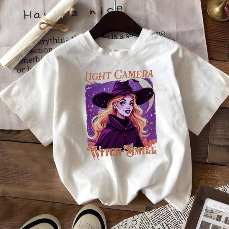 Light Camera Witch Smile Halloween Graphic T-Shirt, Sweatshirt Hoodie Cotton Fabric
