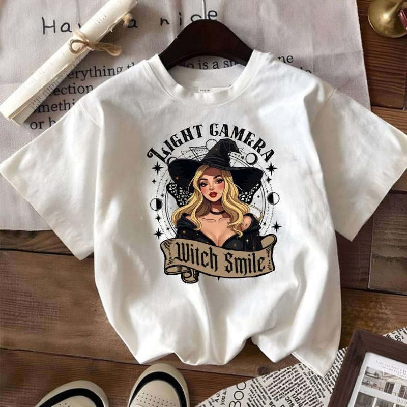 Light Camera Witch Smile Halloween Graphic T-Shirt, Sweatshirt Hoodie Cotton Fabric