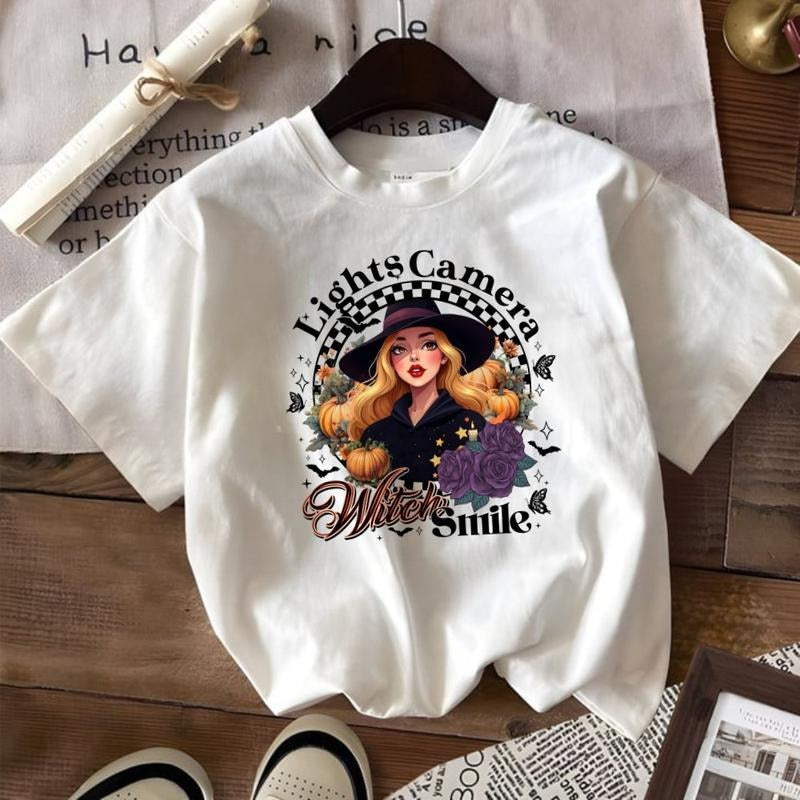 Light Camera Witch Smile Halloween Graphic T-Shirt, Sweatshirt Hoodie Cotton Fabric