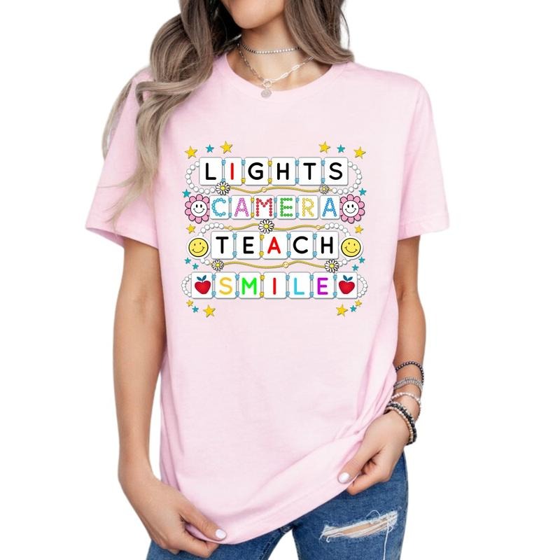 Lights Camera Teach Smile Graphic T-Shirt Top Tshirt