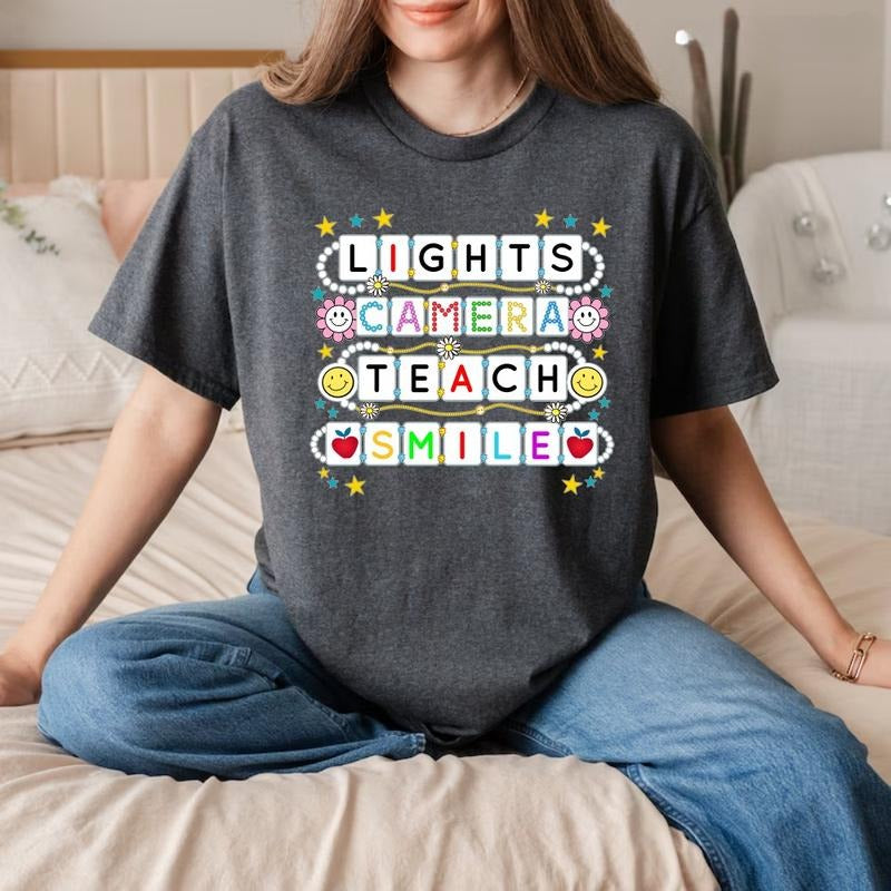 Lights Camera Teach Smile Graphic T-Shirt Top Tshirt