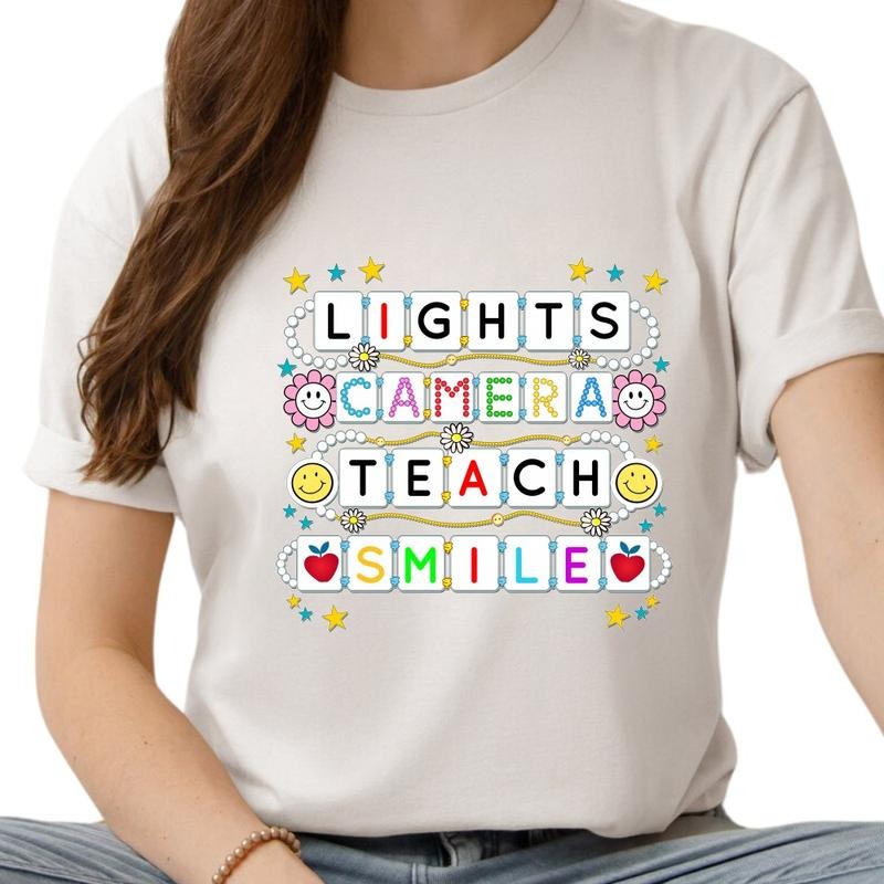 Lights Camera Teach Smile Graphic T-Shirt Top Tshirt