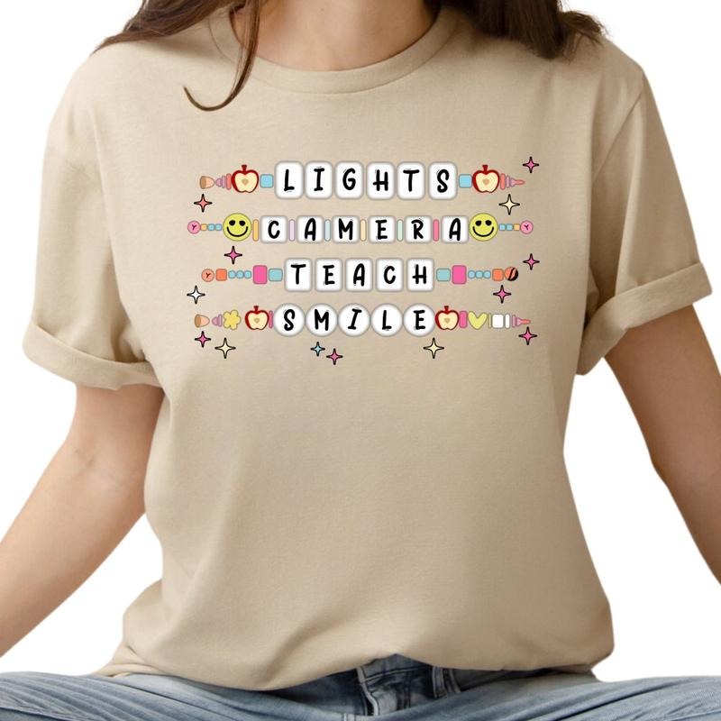 Lights Camera Teach Smile Shirt, Teach Smile Graphic T-Shirt Cotton Top Womenswear Check