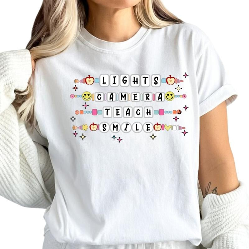 Lights Camera Teach Smile Shirt, Teach Smile Graphic T-Shirt Cotton Top Womenswear Check