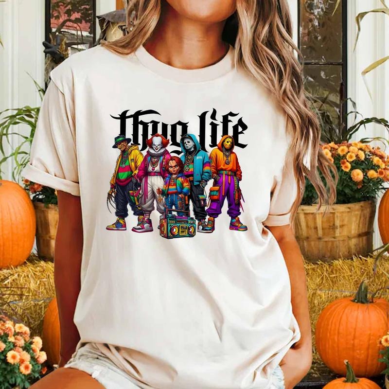 [Limited] Thug Life Horror Movie Characters T-Shirt, Halloween Horror Friend Shirt, Spooky Season Fall Shirt, Horror Character, Michael Myers Ghost Fa