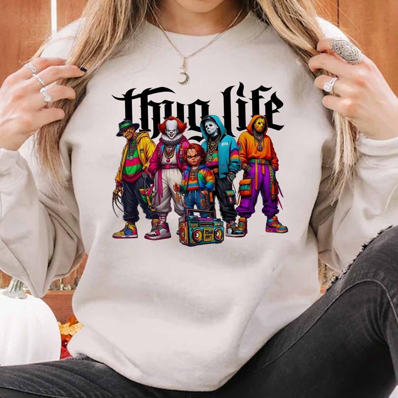 [Limited] Thug Life Horror Movie Characters T-Shirt, Halloween Horror Friend Shirt, Spooky Season Fall Shirt, Horror Character, Michael Myers Ghost Fa